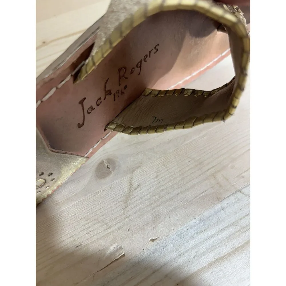 Jack Rogers gold sparkle shimmery‎ leather sandals sz 7 U6
